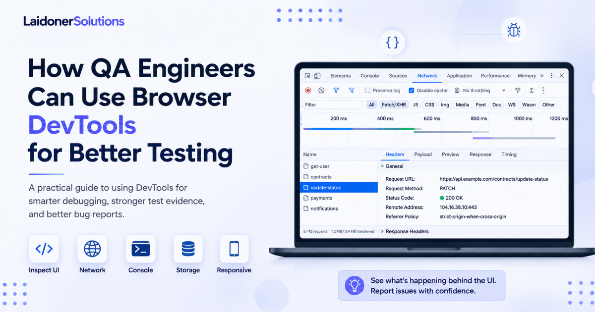 QA engineer using browser DevTools to inspect network requests, console errors, storage and responsive layout issues