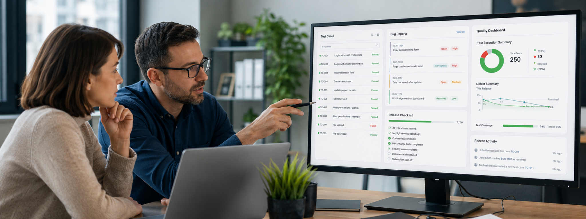 Manager reviewing QA reports, bug findings and product release risk before deciding whether testing is useful